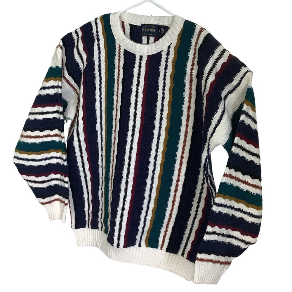 Vintage Mens XL Striped Knit Sweater Retro 90s Colorblock Crewneck Pullover - Picture 3 of 6